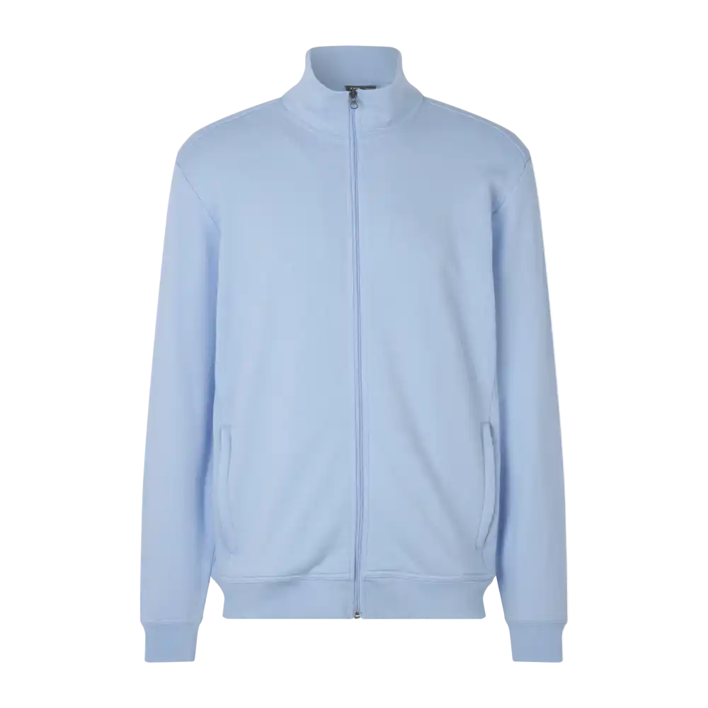 Vaalean sininen PRO Wear CARE cardigan collegetakki omalla logolla – edestä