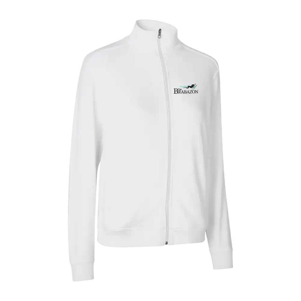 Valkoinen PRO Wear CARE naisten cardigan omalla logolla – Brodeerattu logo edessä.