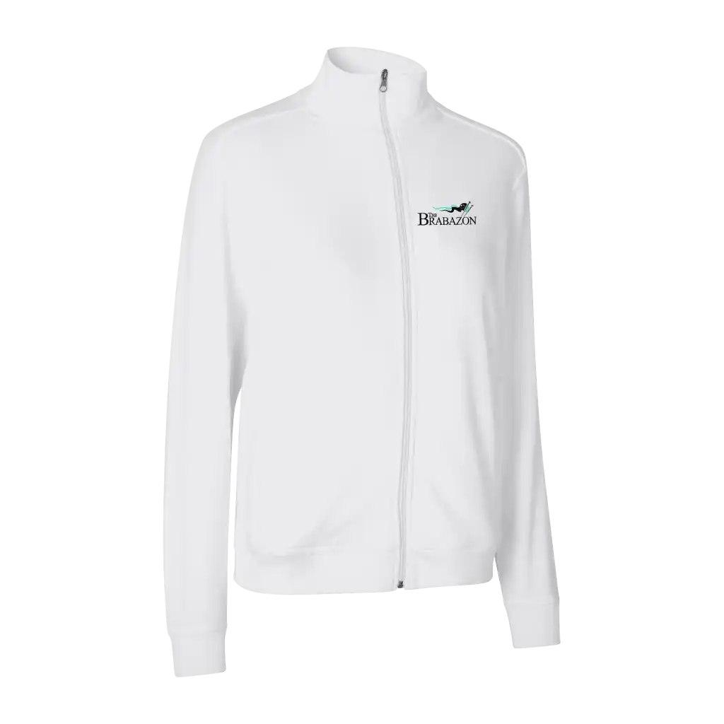 Valkoinen PRO Wear CARE naisten cardigan omalla logolla – Brodeerattu logo edessä.