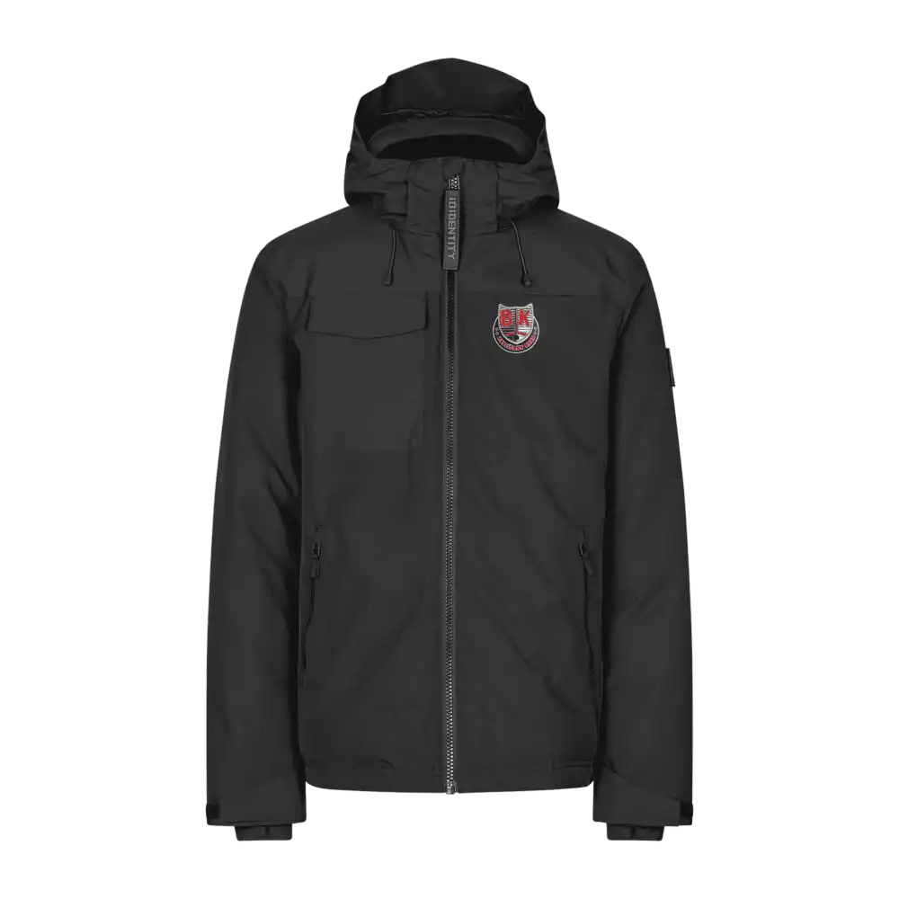 Musta Hooded Winter Jacket takki omalla logolla – water transfer logo rinnassa (ID® 0842)