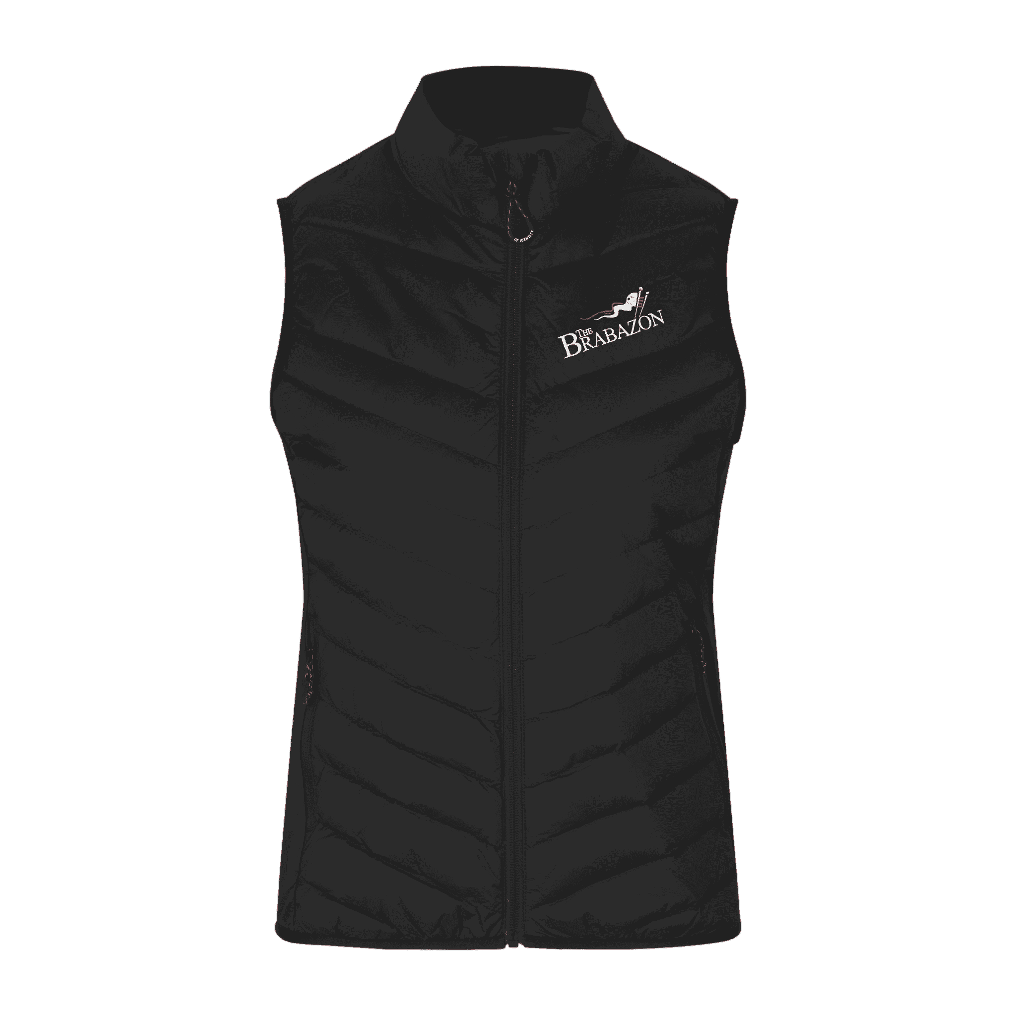 Musta bodywarmer liivi omalla logolla – brodeerattu logo rinnassa