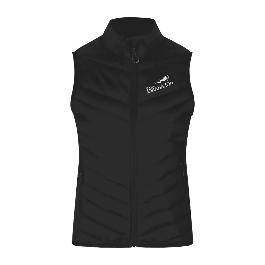 Musta bodywarmer liivi omalla logolla – brodeerattu logo rinnassa