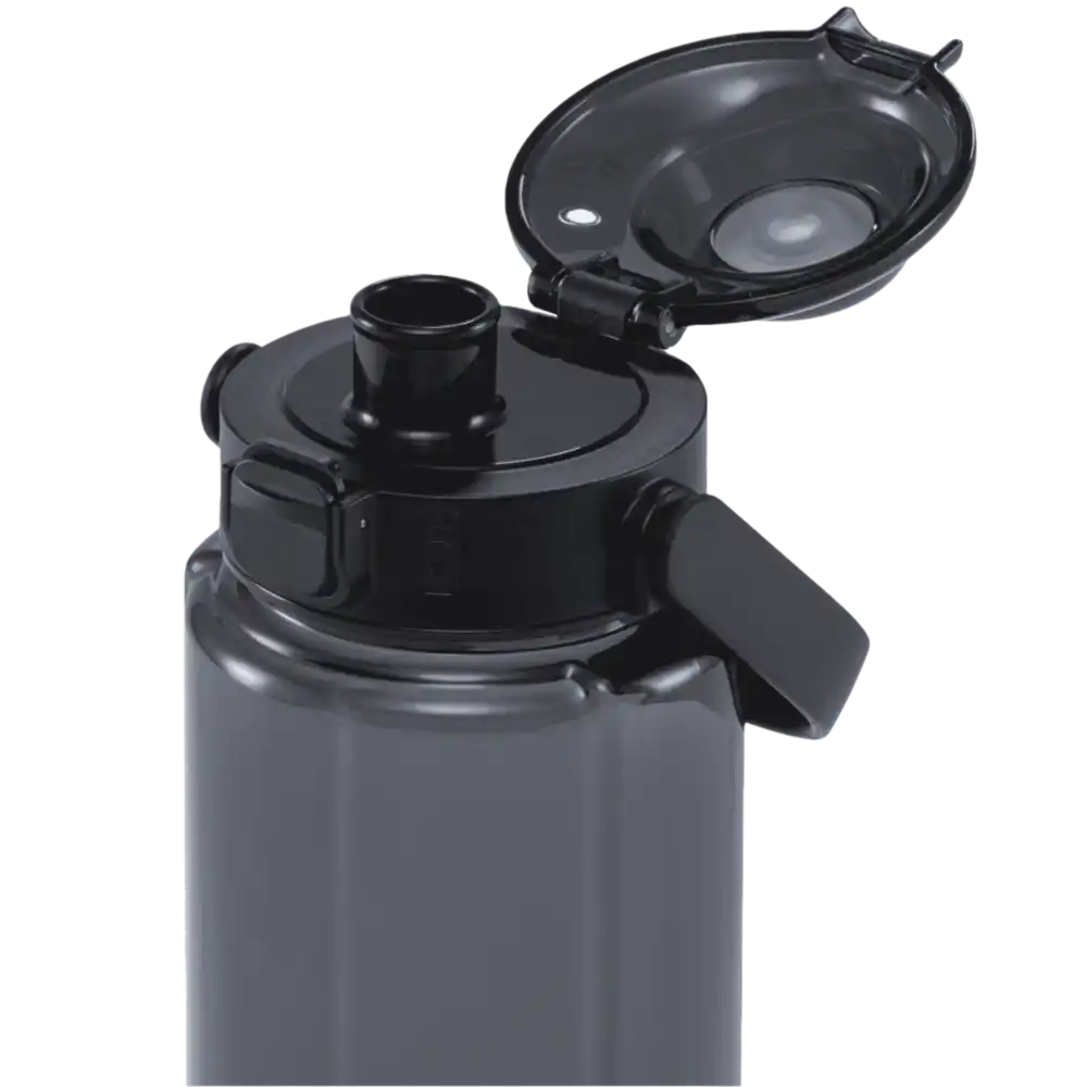 Lähikuva NEON-juomapullon one-click-korkista ja vuotamattomasta tiivisteestä