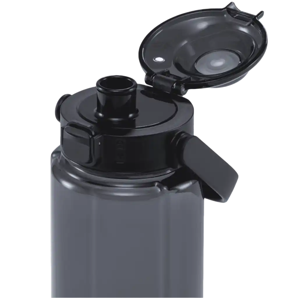 Lähikuva NEON-juomapullon one-click-korkista ja vuotamattomasta tiivisteestä