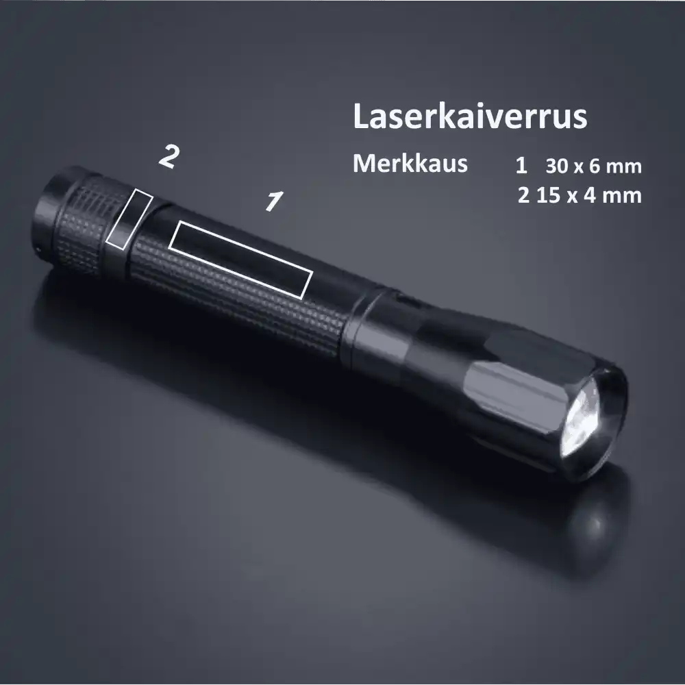 Colorissimo Optima Medium -taskulampun lasermerkkauspaikat ja -koot: runko pitkittäin (30x6mm) ja poikittain (15x4mm)