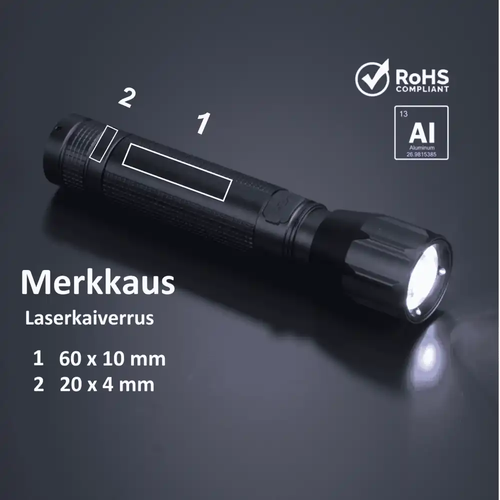 Colorissimo Optima Large -taskulampun lasermerkkauspaikat ja -koot: runko pitkittäin (60x10mm) ja poikittain (20x4mm)