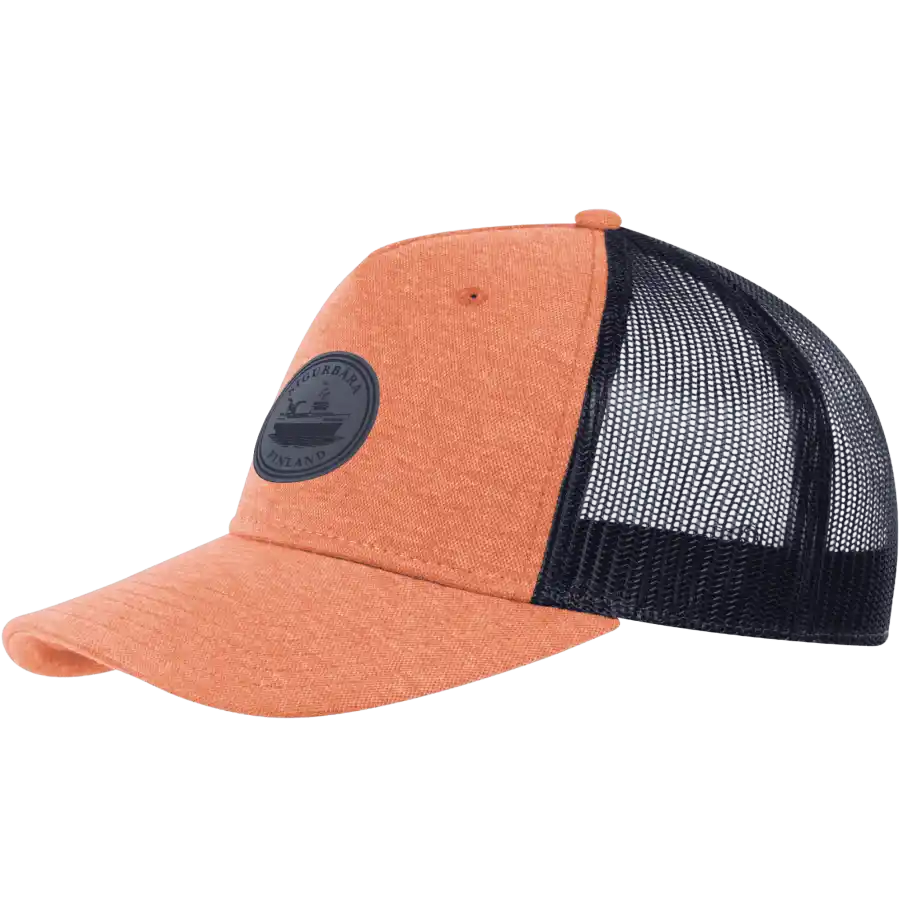 Oranssi 5 panel mesh snapback lippis omalla logolla – laser-merkattu nahkamerkki, Snap Curved coFEE 2030