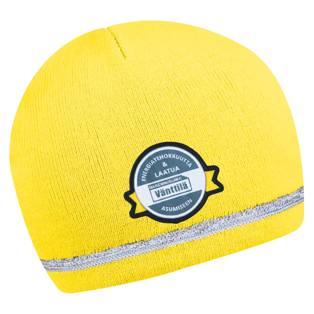 Reflex Heijastava Pipo omalla logolla (coFEE 3001) - Neonkeltainen oma logo tehty kangasmerkillä.