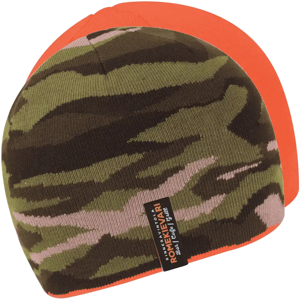 Hunter Kääntöpipo omalla logolla metsästykseen (coFEE 3007) - Oranssi ja Army Green Camo - Kuvassa molemmat pipon puolet