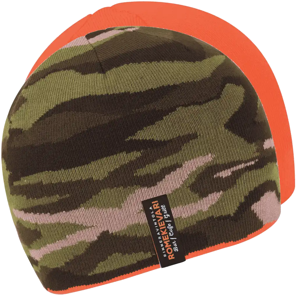 Hunter Kääntöpipo omalla logolla metsästykseen (coFEE 3007) - Oranssi ja Army Green Camo - Kuvassa molemmat pipon puolet