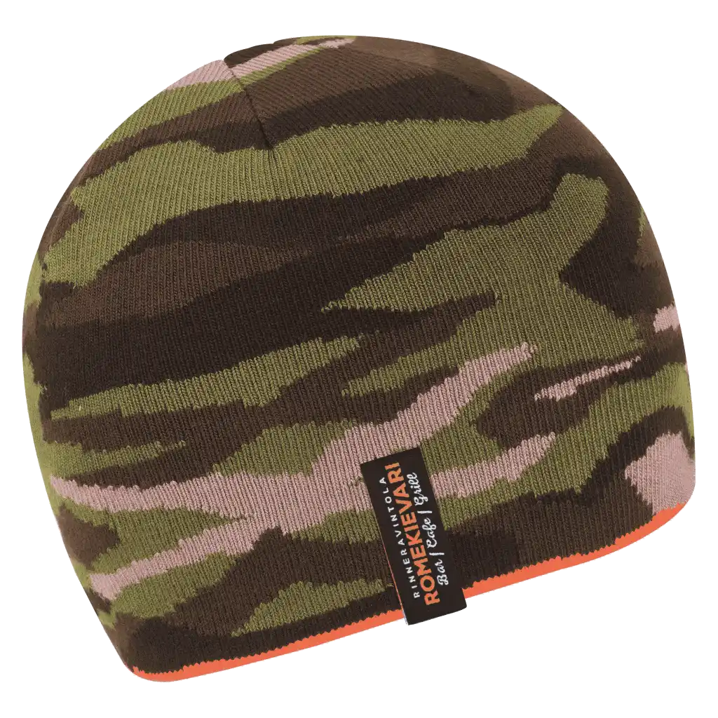 Hunter oranssi Kääntöpipo omalla logolla metsästykseen (coFEE 3007) - Vihreä/Oranssi pipo jossa ohut kangasmerkki logo