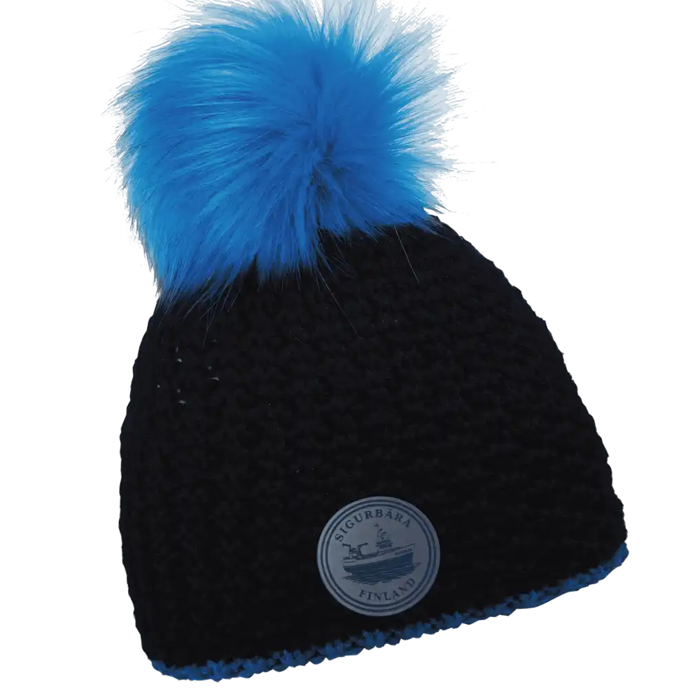 Glow Fur Naisten Tupsupipo omalla logolla (coFEE 3046) - Neonsininen pipo, logo tehty nahkamerkillä