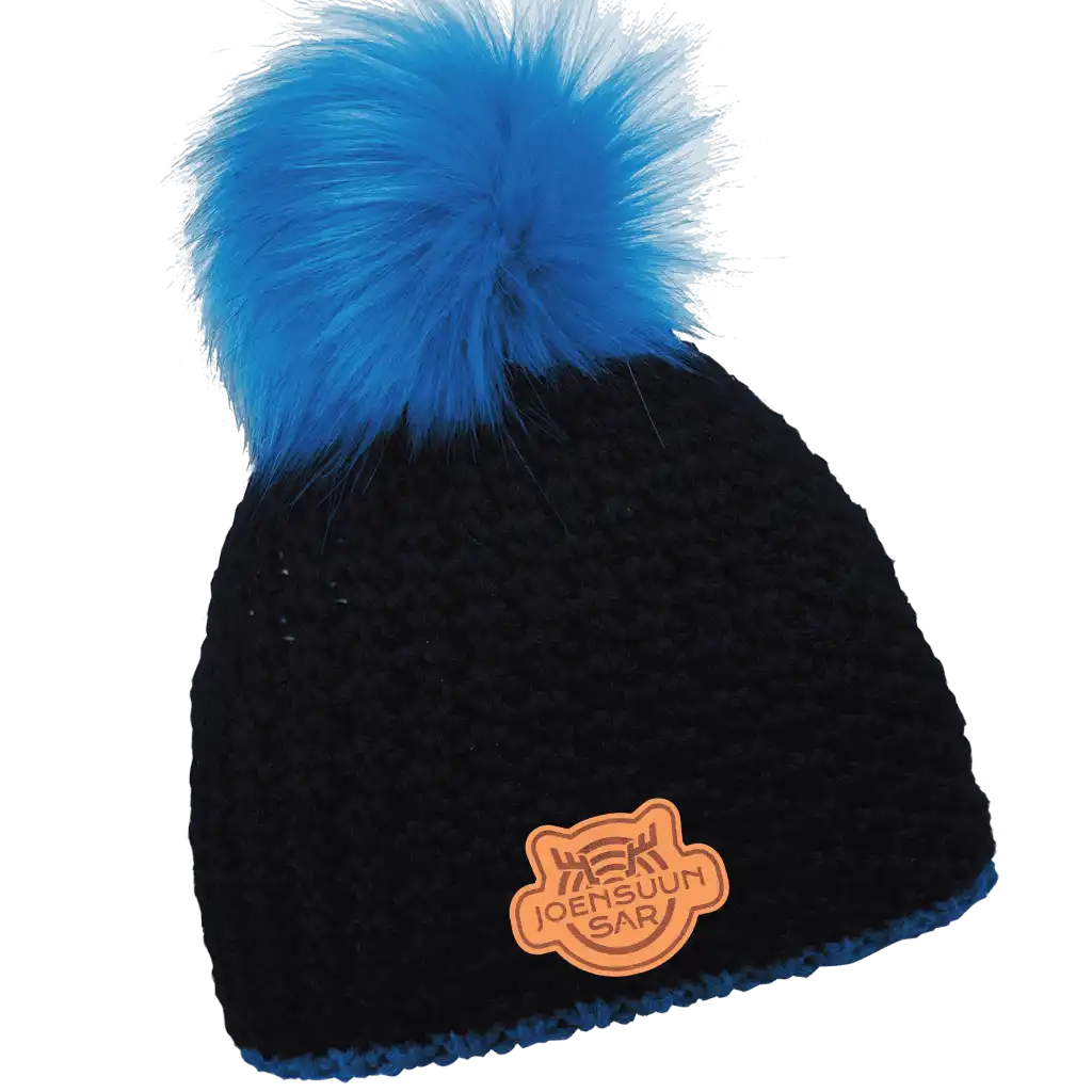 Glow Fur Naisten Tupsupipo omalla logolla (coFEE 3046) - Neonsininen pipo, logo tehty laser nahkamerkillä.