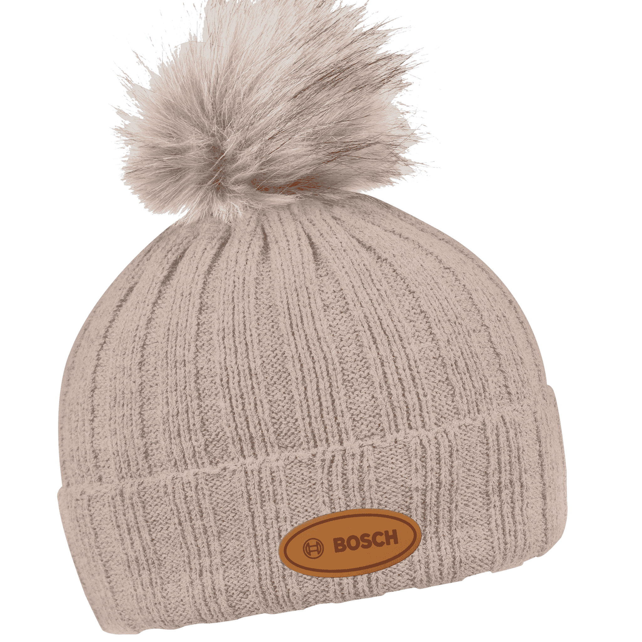 Rib Fur Naisten Tupsupipo omalla logolla (coFEE 3048) - Beige pipo, logo laser-merkattu nahkamerkki.