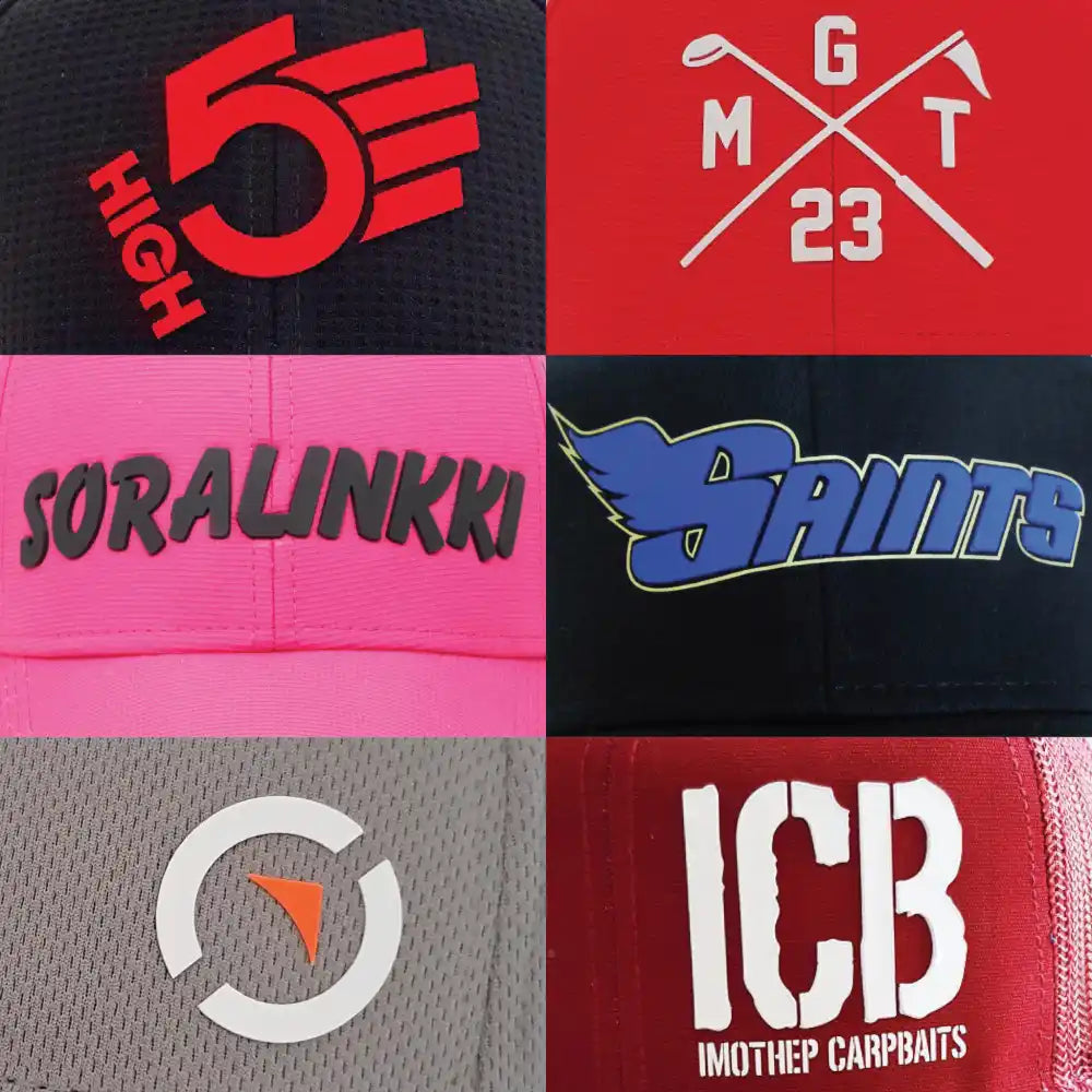 3D rubber print logo malleja lippis omalla logolla. Avuksi suunniteluun