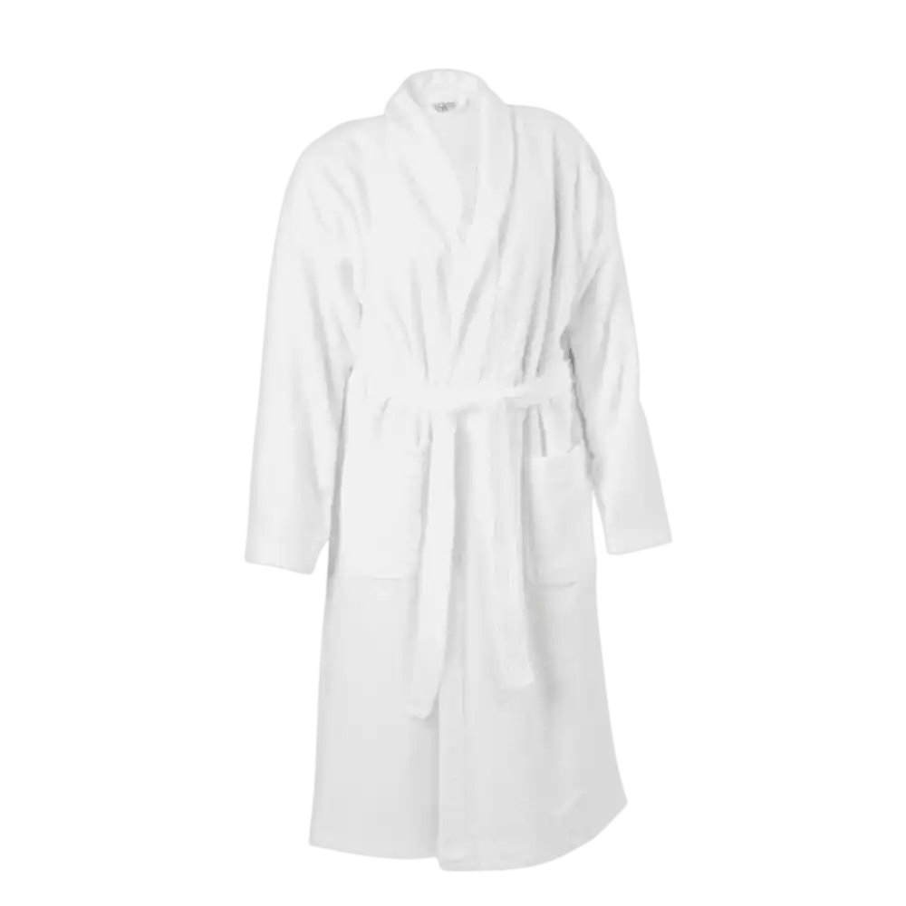 Valkoinen Queen Anne unisex-kylpytakki (100% puuvillaa) edestä kuvattuna