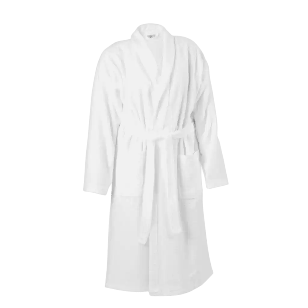 Valkoinen Queen Anne unisex-kylpytakki (100% puuvillaa) edestä kuvattuna