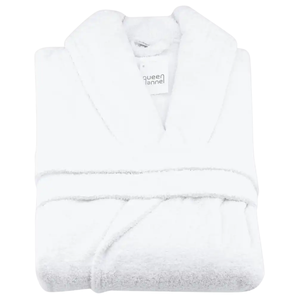 Valkoinen Queen Anne froteekylpytakki siististi viikattuna – valmis lahjaksi