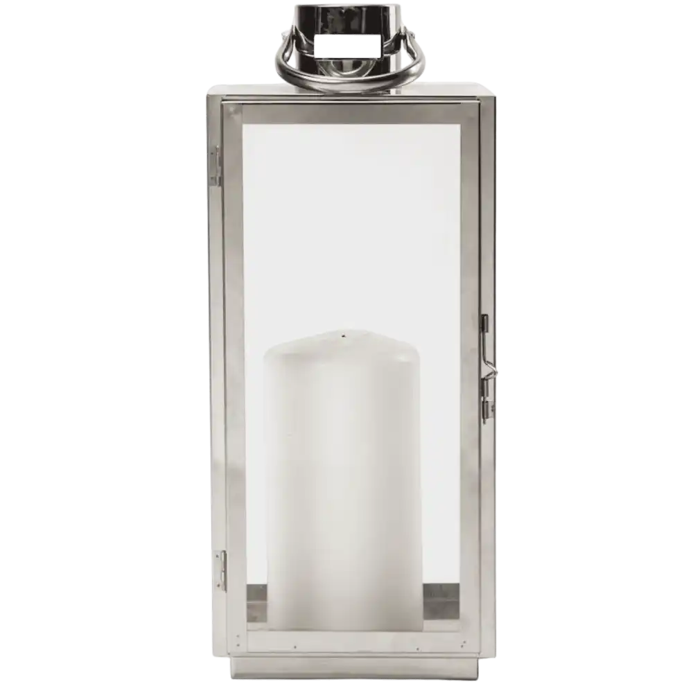 Orrefors Jernverk teräslyhty (41cm) edestä, sisällä valkoinen kynttilä – tyylikäs yrityslahja