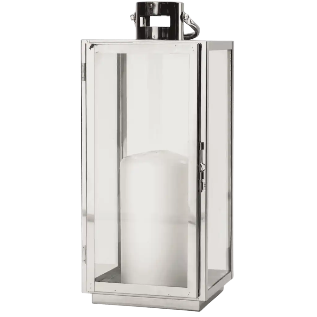 Orrefors Jernverk teräslyhty vasemmalta sivulta, sisällä valkoinen kynttilä – tunnelmallinen joululahja