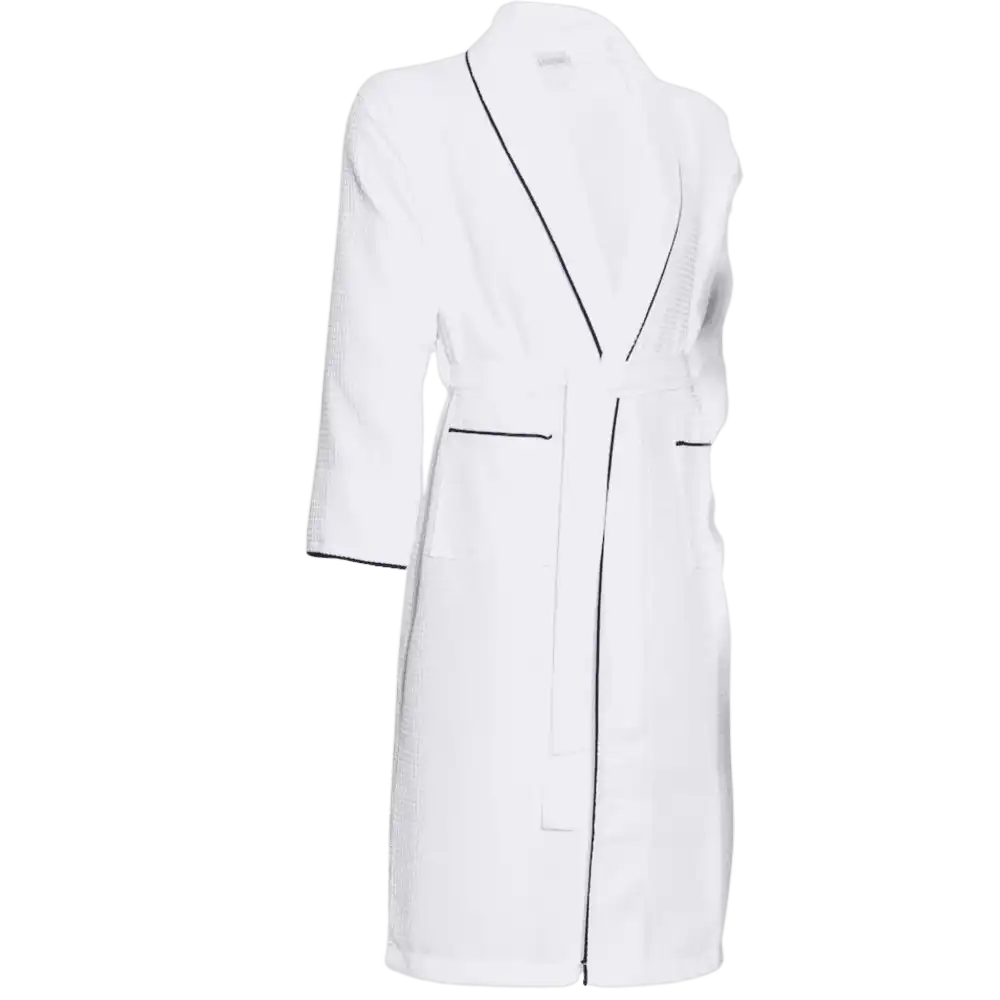 Valkoinen Queen Anne vohvelikylpytakki edestä – OEKO-TEX-sertifioitu