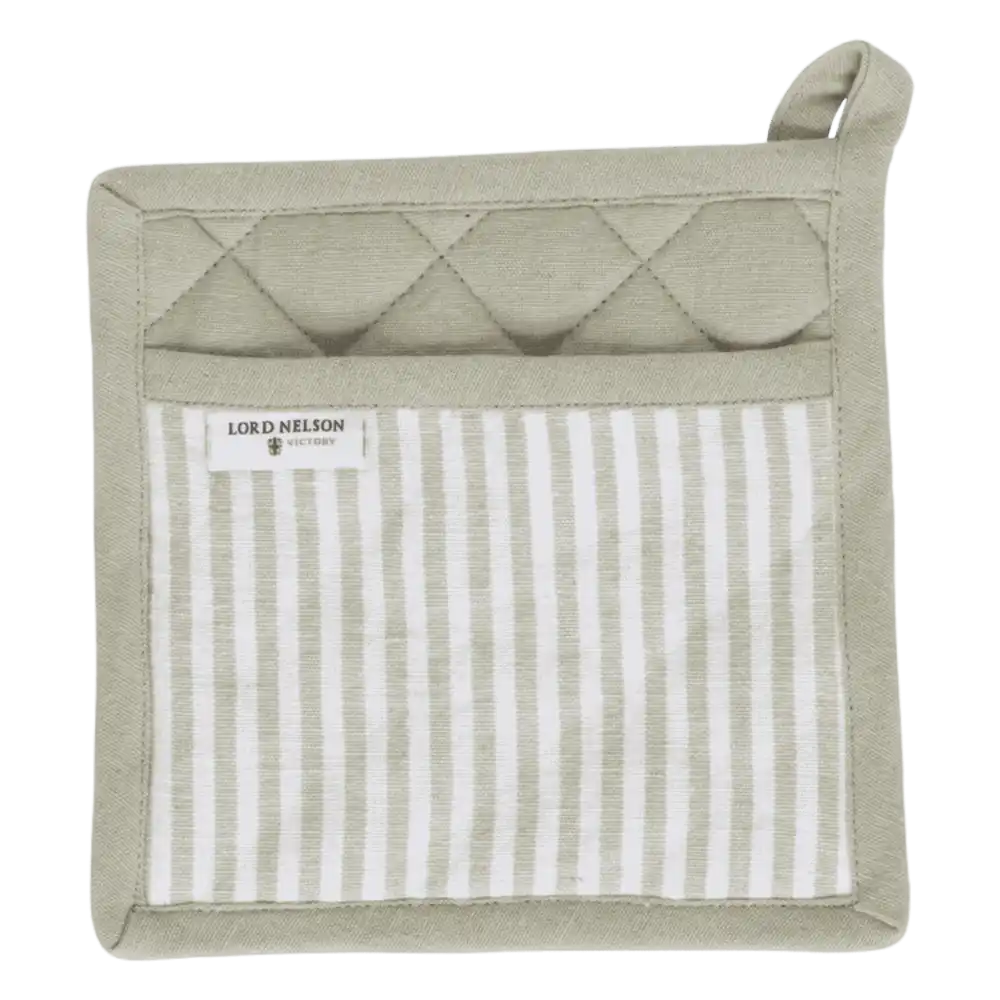 Lähikuva vihreästä raidallisesta Lord Nelson Victory patalapusta edestä – laadukas pellavasekoitekangas