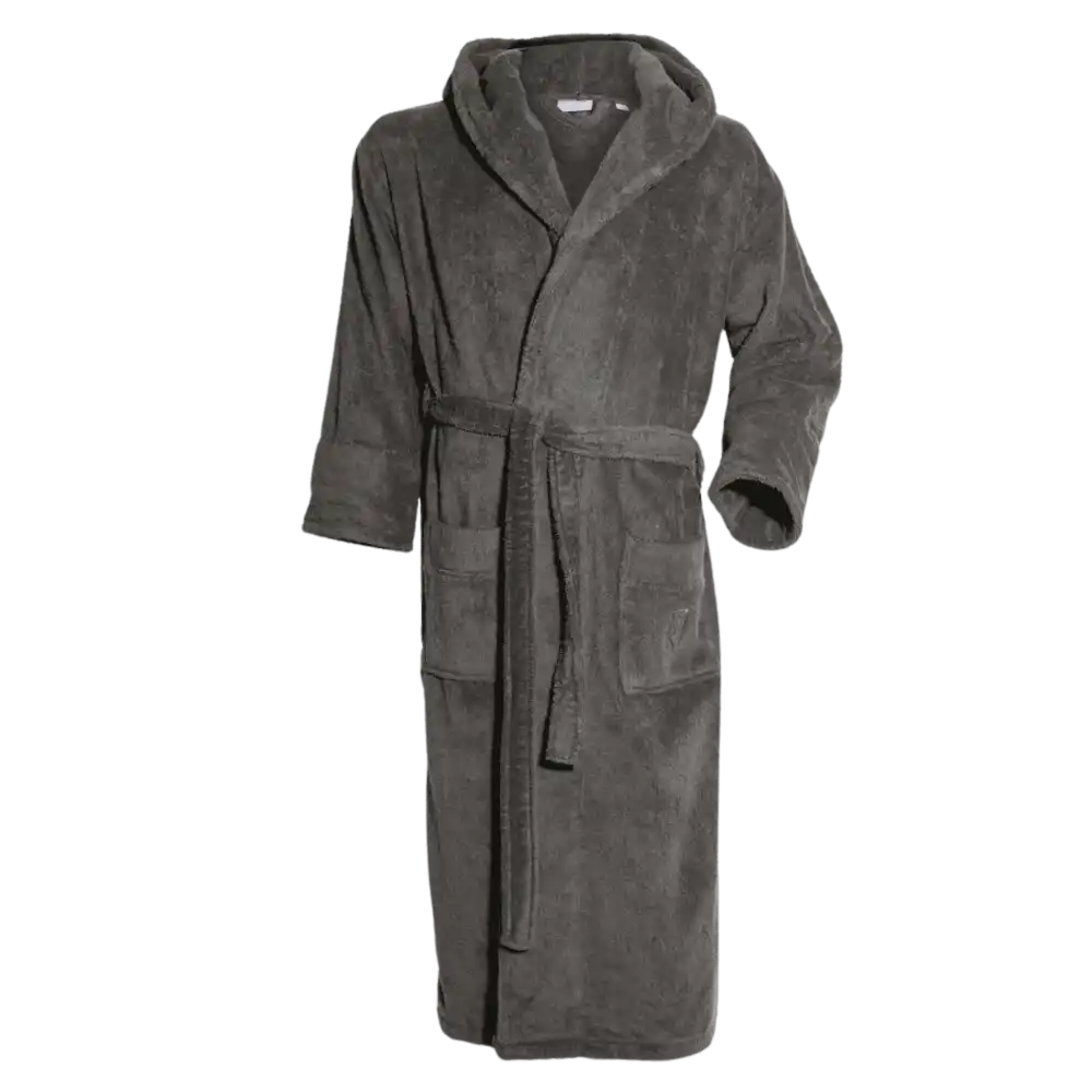 Tummanharmaa Kosta Linnewäfveri ylellinen froteekylpytakki hupulla edestä – OEKO-TEX