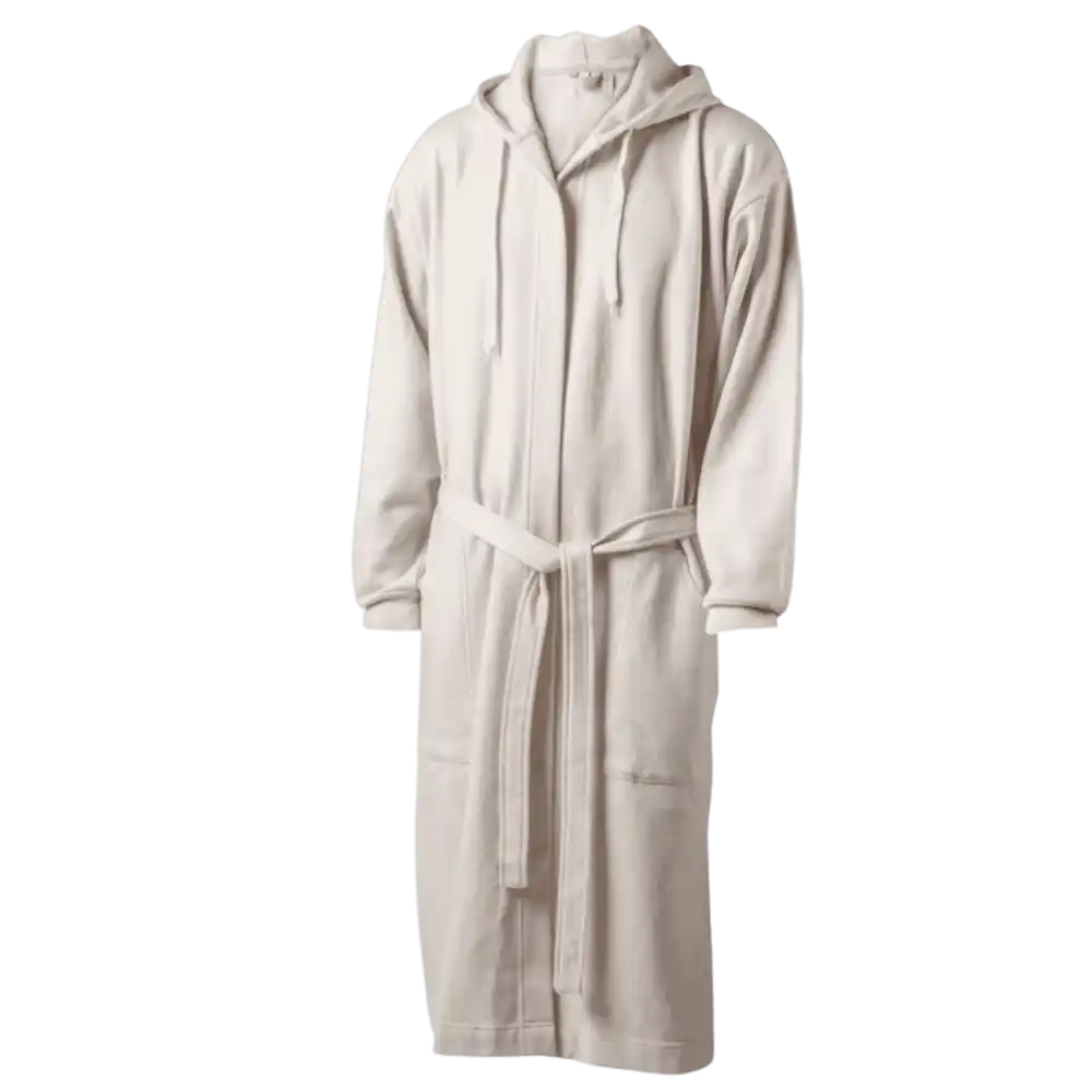 Beige Kosta Linnewäfveri collegekylpytakki hupulla edestä – OEKO-TEX-sertifioitu