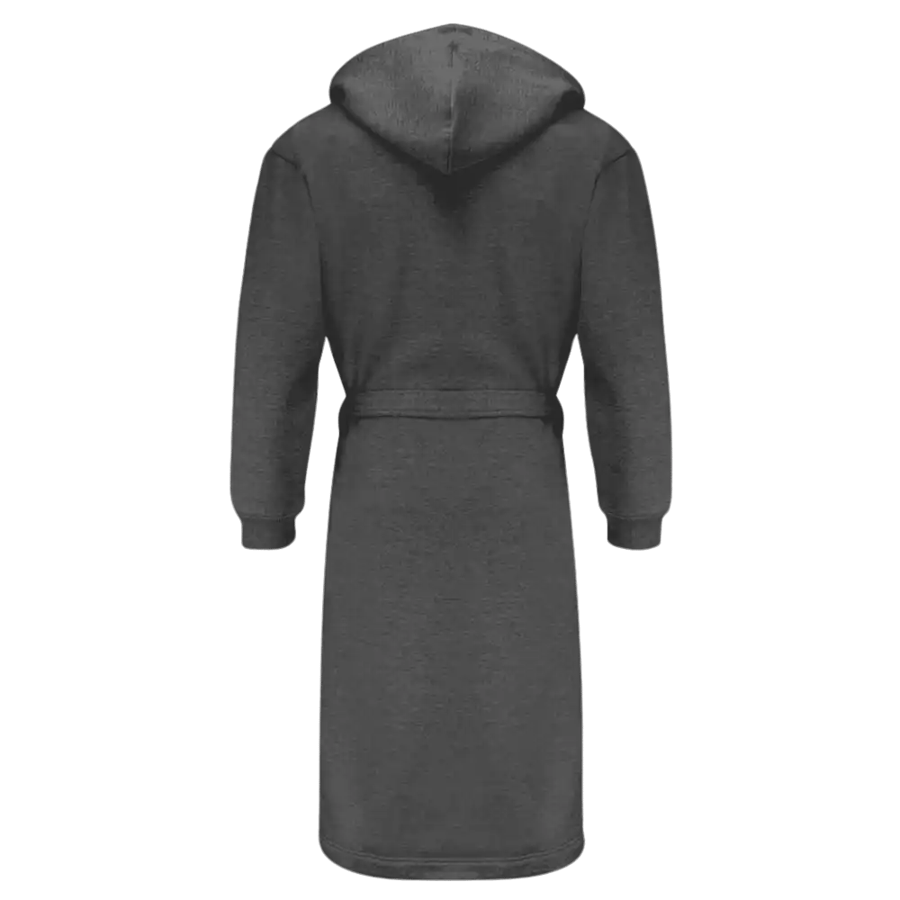 Grafiitinharmaan Kosta Linnewäfveri collegekylpytakin selkäpuoli ja huppu