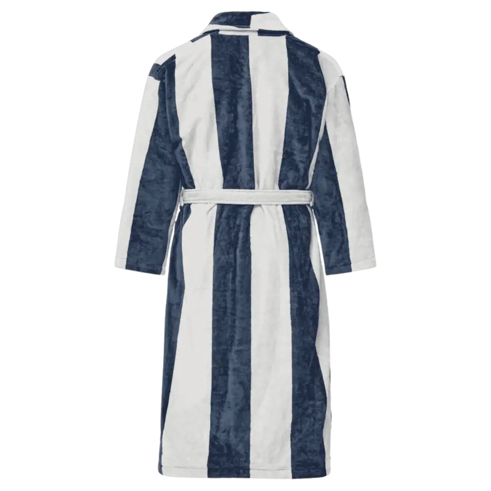 Tummansinivalko-raidallisen Kosta Linnewäfveri velour-kylpytakin selkäpuoli ja leveä kaulus