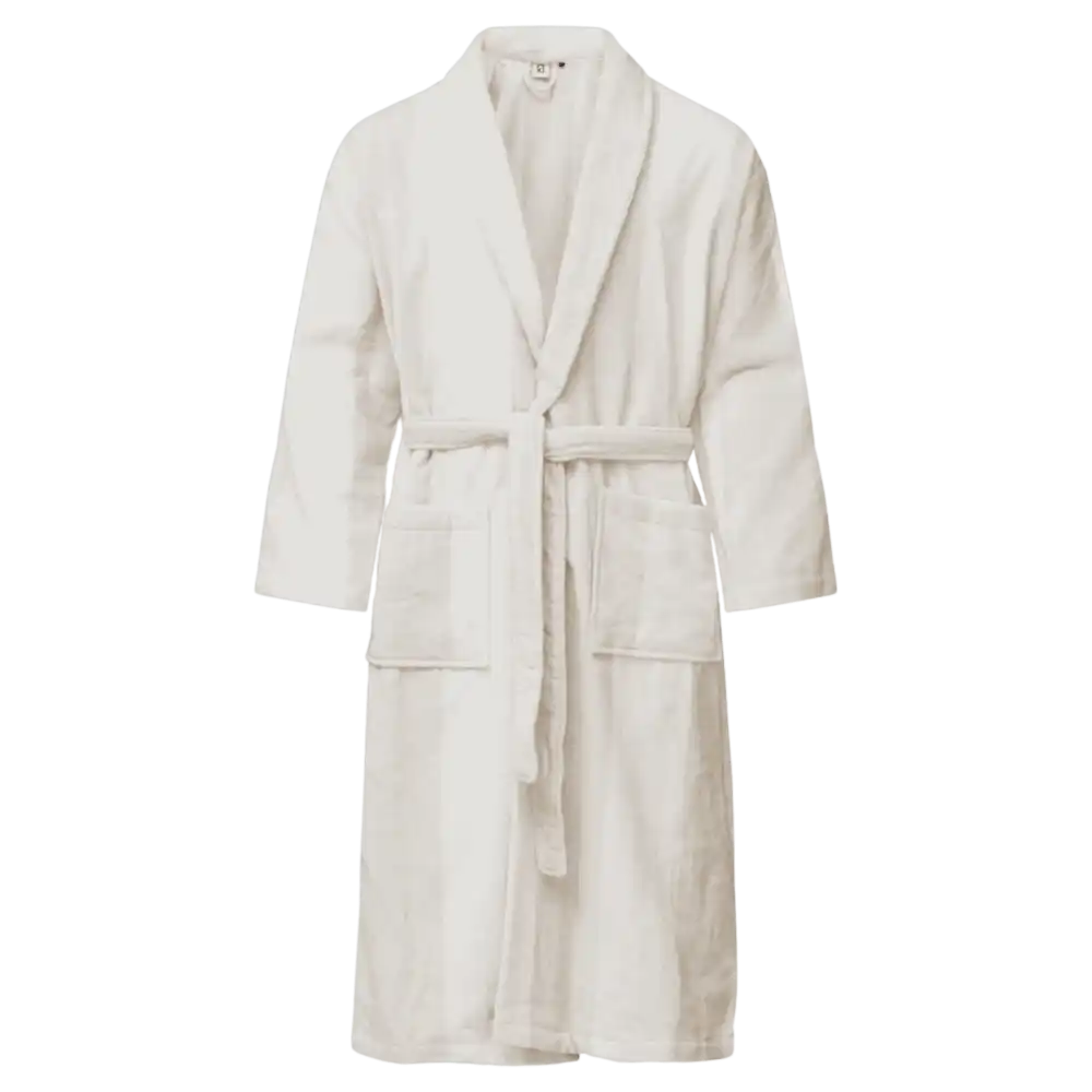 Valko-hiekanraidallinen Kosta Linnewäfveri velour-kylpytakki – ylellinen henkilöstölahja