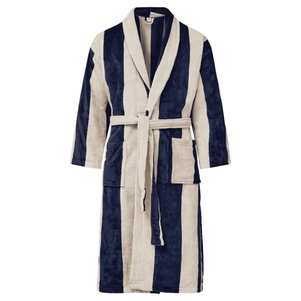 Tummansininen Kosta Linnewäfveri velour-kylpytakki hiekanvärisillä raidoilla – premium-joululahja