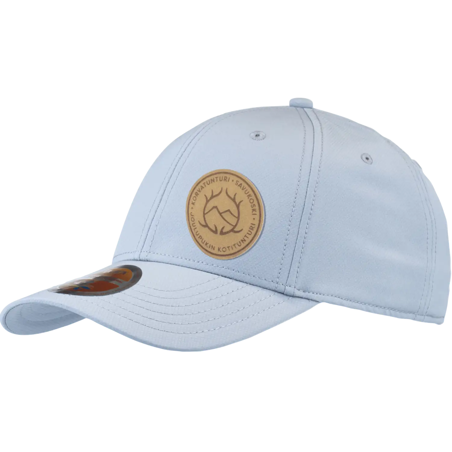 Vaaleanharmaa Quick dry lippalakki logolla. Vaalea nahkamerkki laser.