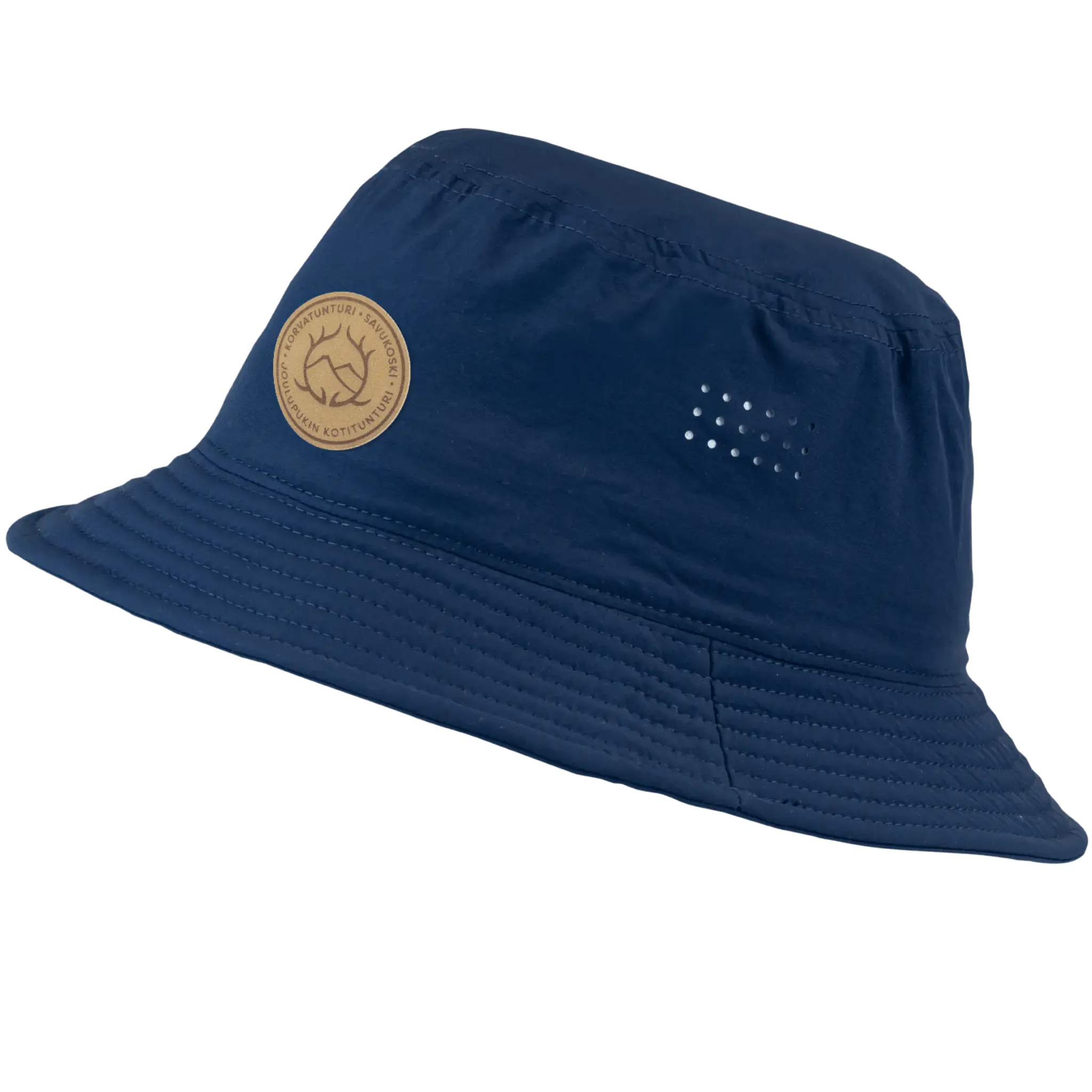 Kalastajanhattu omalla logolla – navy, lasermerkattu vaalean ruskea nahkamerkki otsassa
