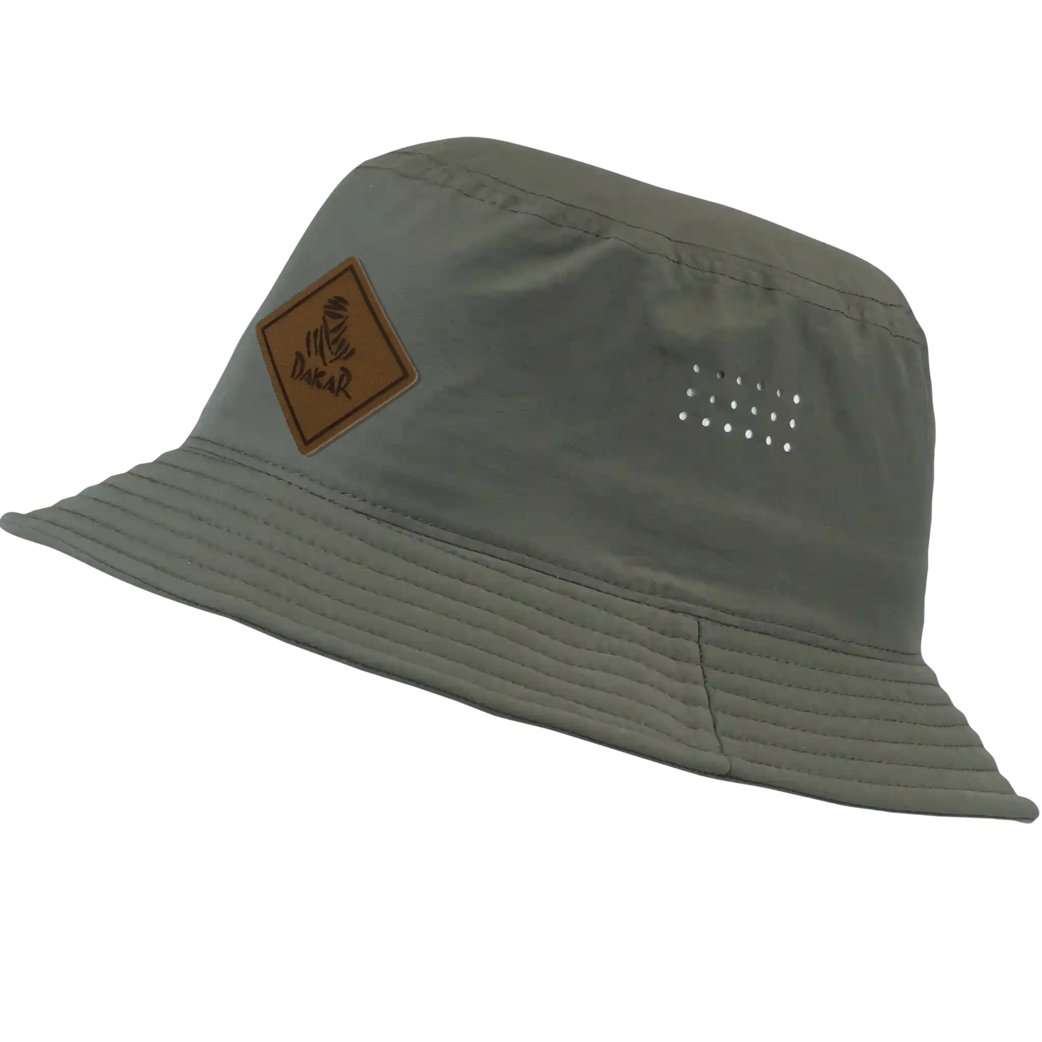 Kalastajahattu omalla logolla – army green, lasermerkattu ruskea nahkamerkki edessä.