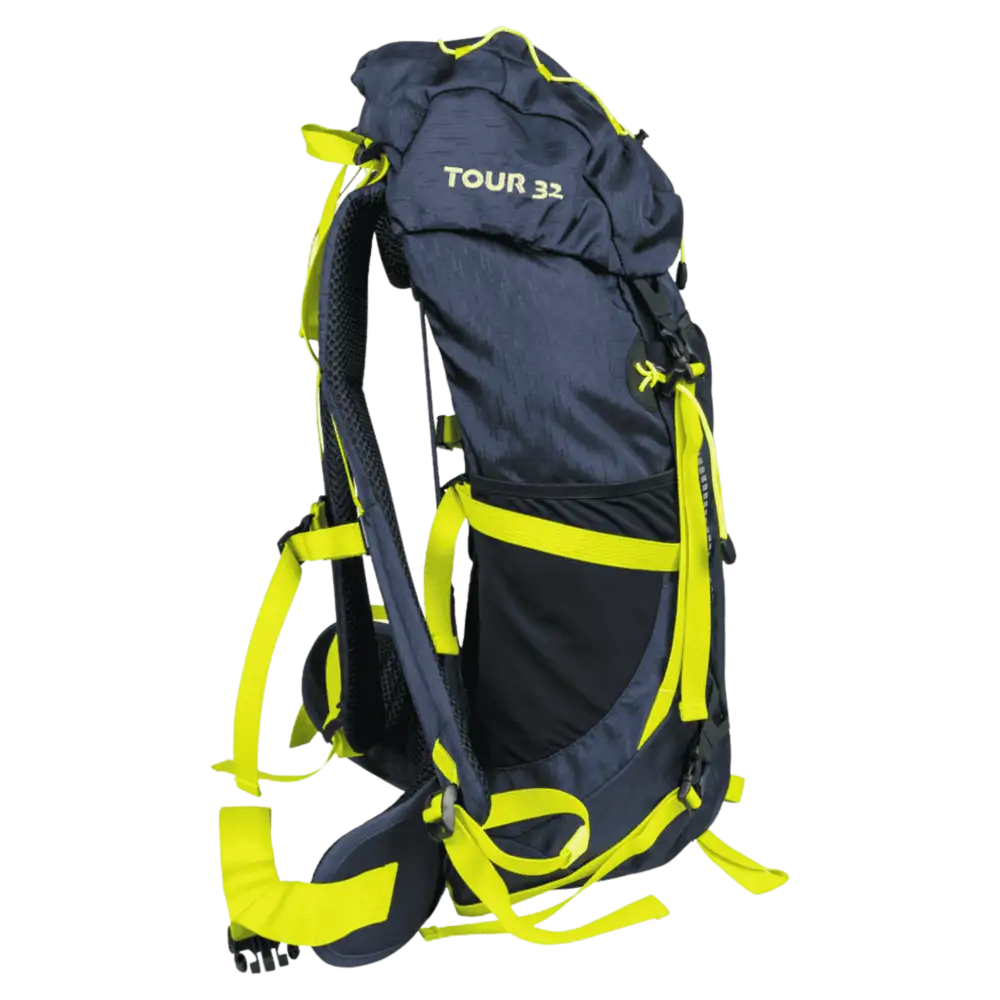 Bright Equipment Tour 32L lime repun sivukuva, näkyvissä säädettävät hihnat ja taskut