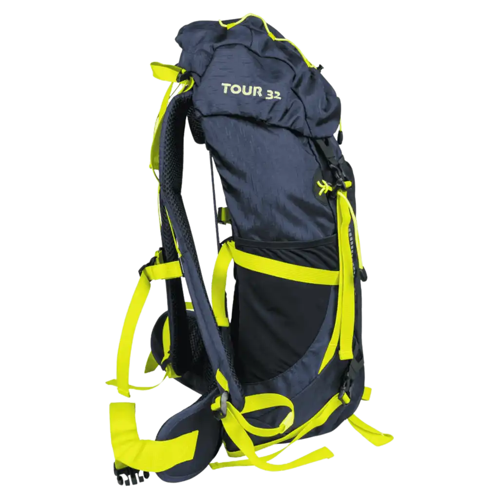 Bright Equipment Tour 32L lime repun sivukuva, näkyvissä säädettävät hihnat ja taskut