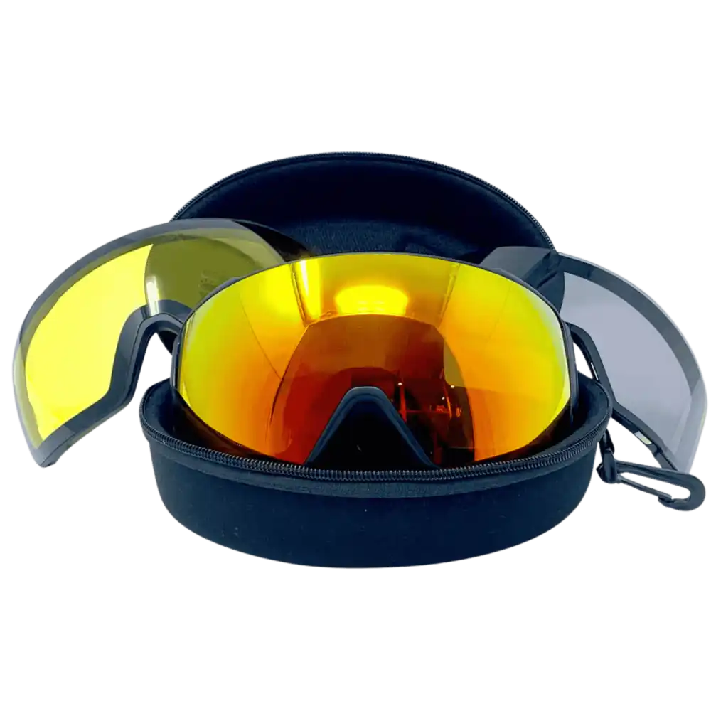 Avattu Bright Equipment -ajolasien EVA-säilytyskotelo, jossa lasit ja linssit järjestyksessä