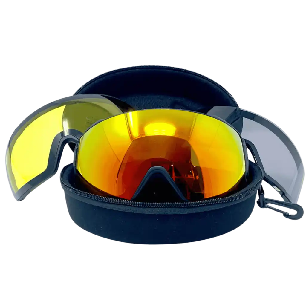 Avattu Bright Equipment -ajolasien EVA-säilytyskotelo, jossa lasit ja linssit järjestyksessä