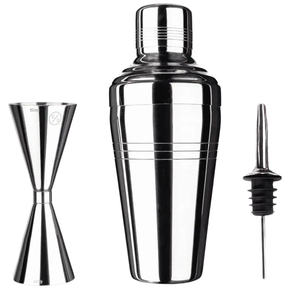 Cocktail Club minisetti lÀhikuvassa: shaker, jigger ja kaatonokka ruostumatonta terÀstÀ