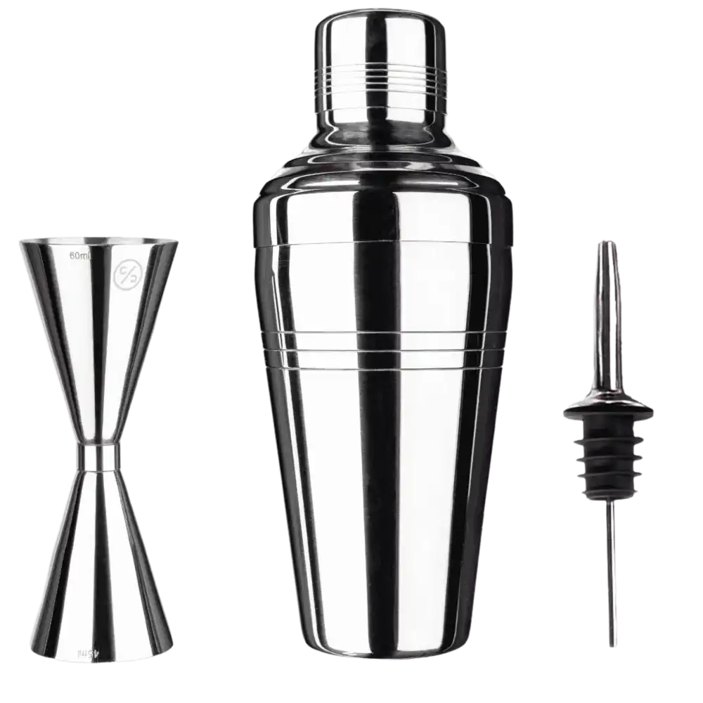 Cocktail Club minisetti lÀhikuvassa: shaker, jigger ja kaatonokka ruostumatonta terÀstÀ