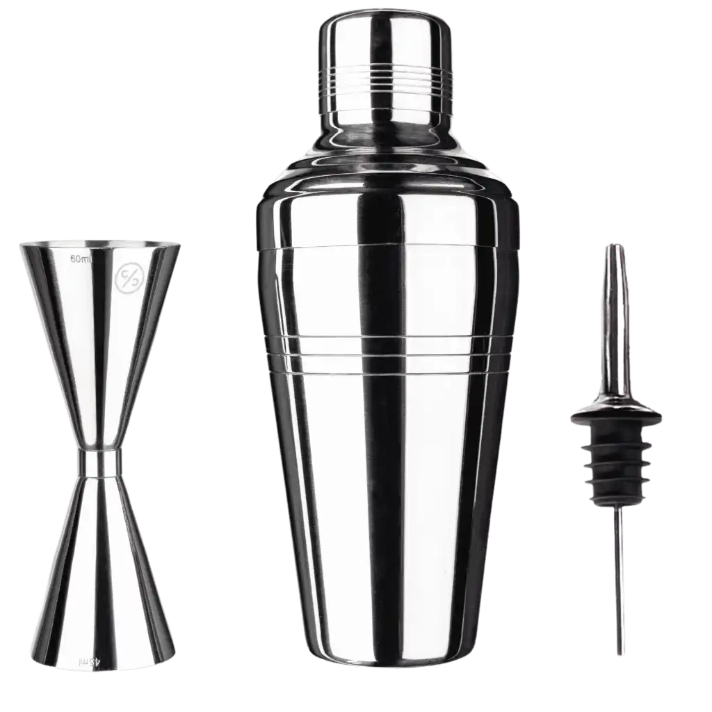 Cocktail Club minisetti lähikuvassa: shaker, jigger ja kaatonokka ruostumatonta terästä