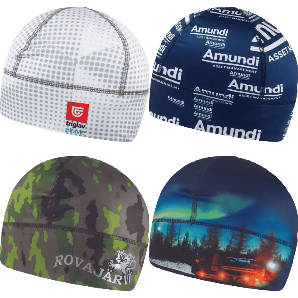 Esimerkkejä teknisen pipon täysväripainatuksen mahdollisuuksista, kuten sponsorilogot ja valokuvamainen tarkkuus