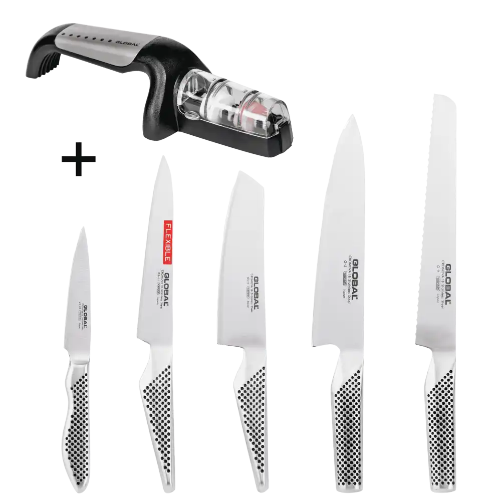 Global veitsisetti (5 veistä) ja G-91/SB teroitin - täydellinen henkilöstön joululahja