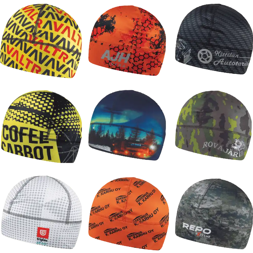 Inspiraatiokollaasi yhdeksästä erilaisesta kustomoidusta teknisestä urheilupiposta omalla designilla