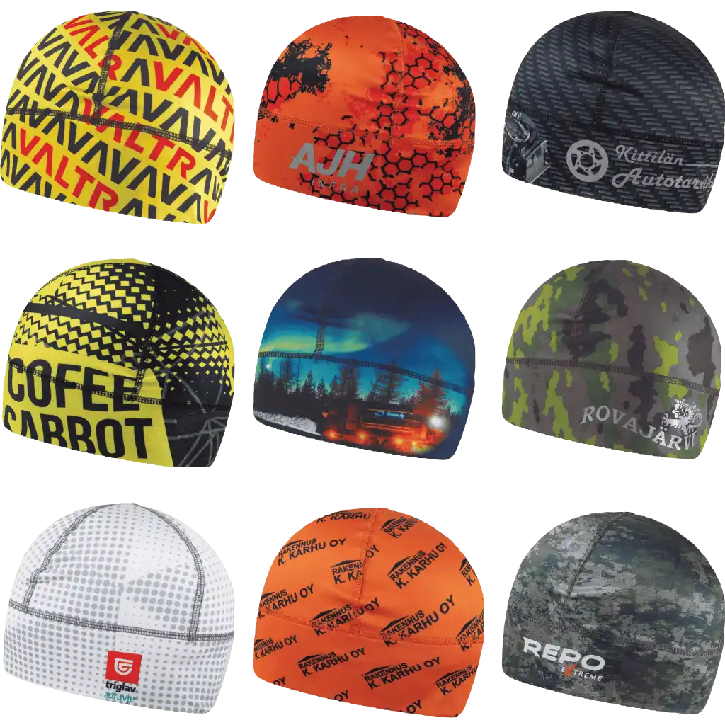 Inspiraatiokollaasi yhdeksästä erilaisesta kustomoidusta teknisestä urheilupiposta omalla designilla