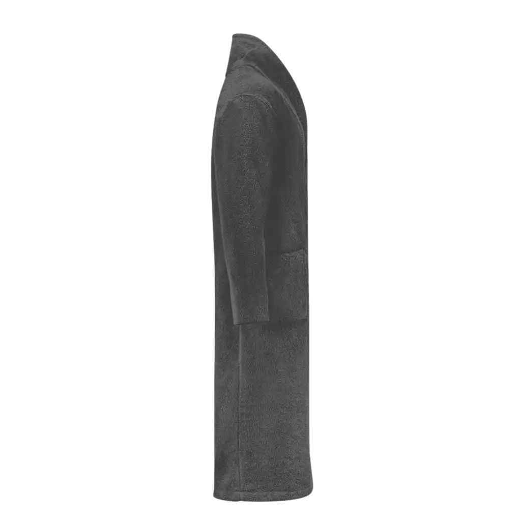 Queen Anne froteekylpytakki (tummanharmaa) sivusta, näkyvissä tasku ja kankaan rakenne