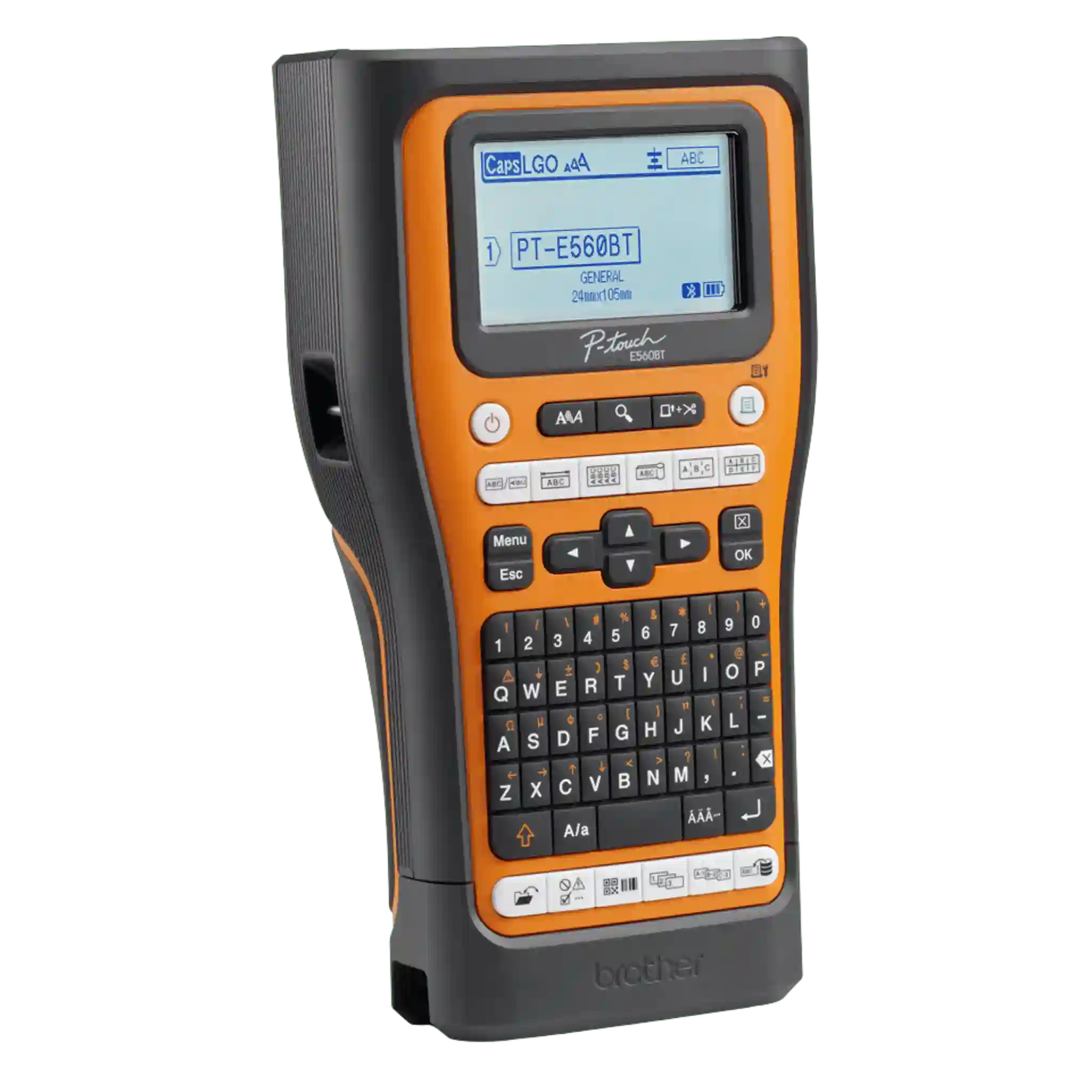 Brother PT-E560BTVP Pro-tarratulostin viistosta vasemmalta – Bluetooth-tarratulostin 24 mm tarroille