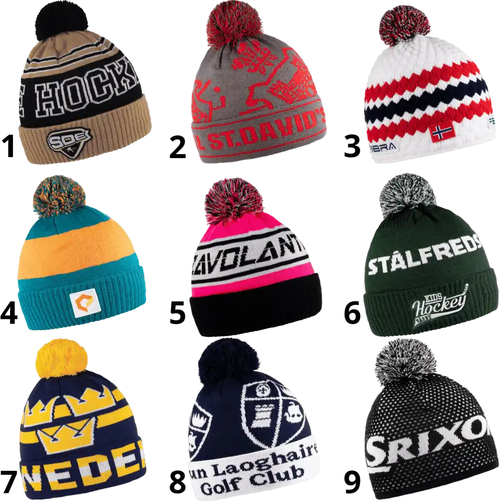 Esimerkkejä eri pipomalleista, kuten kääntöreunallinen ja suora malli, kustomoitujen fanipipojen suunnittelua varten