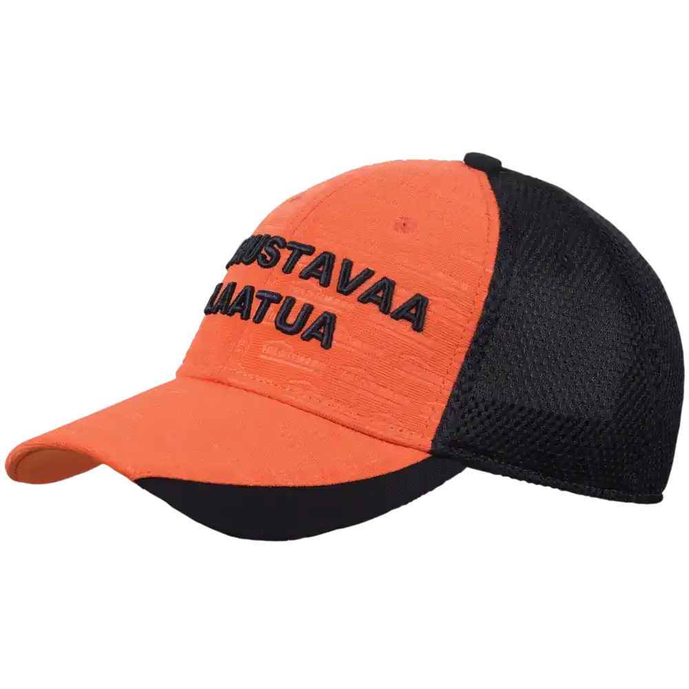 Esimerkki lippis kustomoitu lippalakki kohokuvioidulla merkillä (Embossed) ja 3D-brodeerauksella. Musta oranssi lippis.